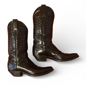 Vintage Black Leather Cowboy Boots with Sacred Heart Phoenix Motif